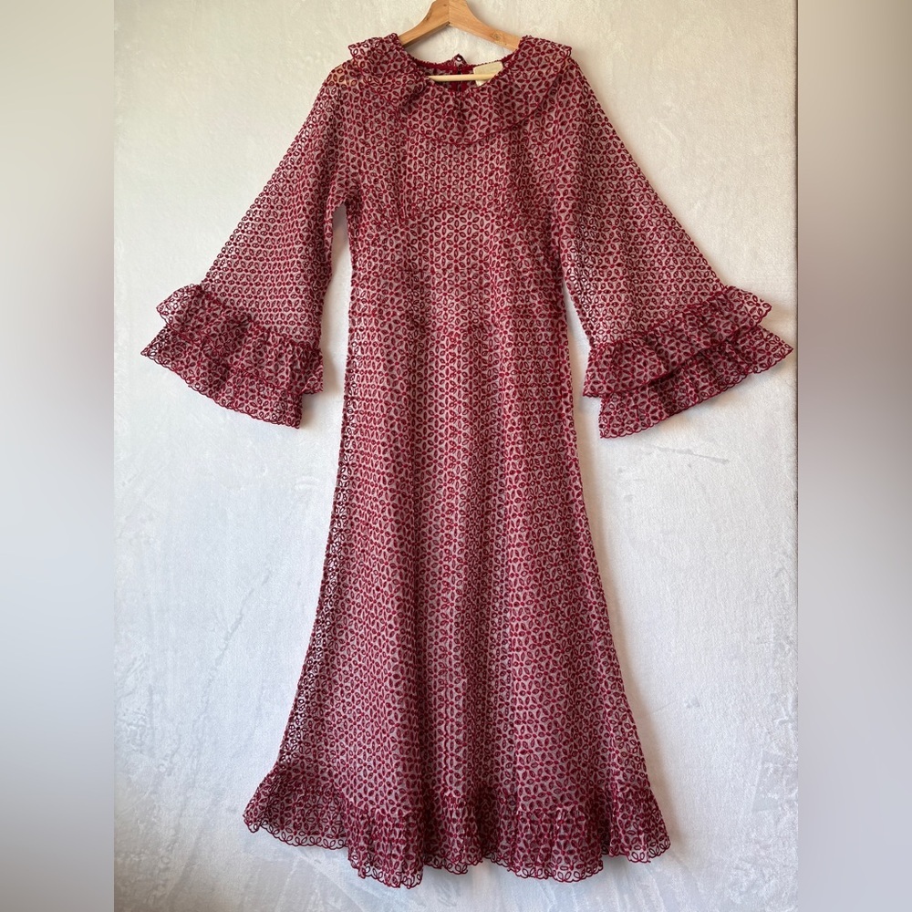 Doen Heirloom Red sheer Constellation poppy Ruffled Tiered Gown Dress size large - Picture 3 of 16